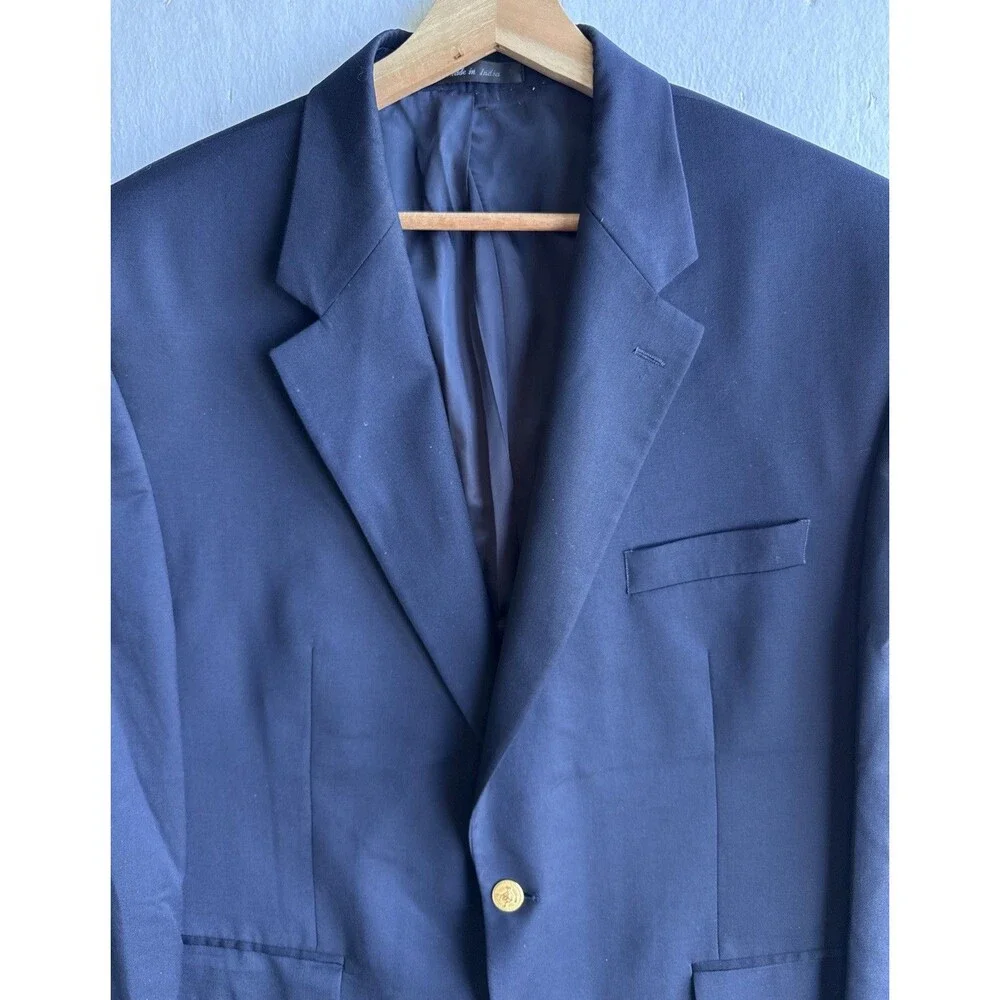 Lauren Ralph Lauren Mens 46R Navy Blue Wool Blazer Sport Coat Gold Crest Buttons